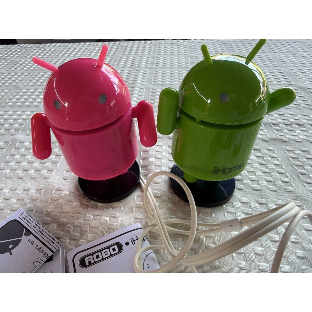 Set of 2 iHome ROBO Ri-26 Android Robot Mini Speakers Green Pink w/ Manual